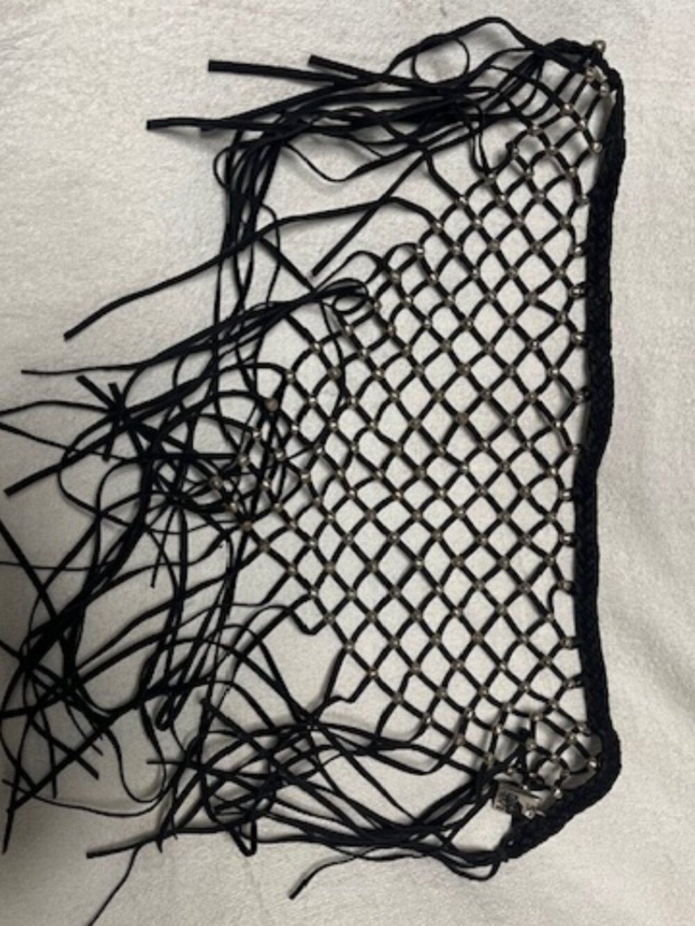 Boho Open Mesh Fringed Braided Waist Belt Sash Silver Tone Studs Black 56"x17"